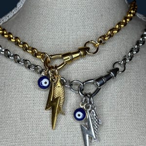 Chunky Charm Necklace- Rolo chain with a jumble of three charms, Gold or Silver, Stainless Steel, Fish, Evil Eye, dog-clip clasp