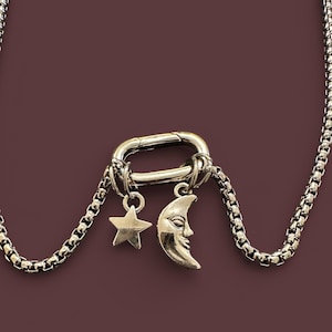 Moon and Star Charm Necklace – Stainless Steel Front Clasp Necklace – Celestial Charm Holder Chain – Everyday Necklace