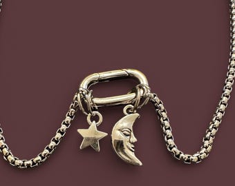 Moon and Star Charm Necklace – Stainless Steel Front Clasp Necklace – Celestial Charm Holder Chain – Everyday Necklace
