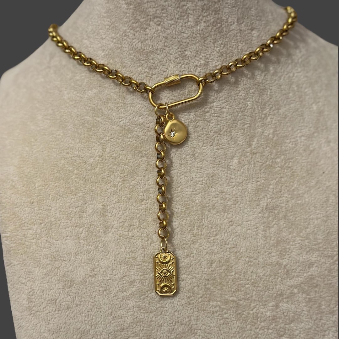 Chunky Gold Charm Necklace-choker/lariat With Carabiner, Evil Eye, Layering Necklace, Stainless Steel - Etsy UK