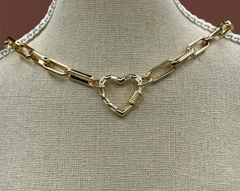 Gold Heart Carabiner Necklace | Chunky Paperclip Chain | Functional Clasp | Edgy Gold Jewelry