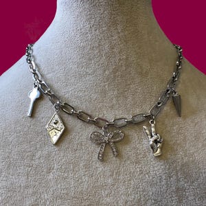 Handmade Chunky Silver Charm Necklace-Multiple Charms, Ribbon/Bow, Key