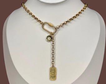 Chunky Gold Charm Necklace-Choker/Lariat with Carabiner, Evil Eye, Layering necklace, Stainless steel