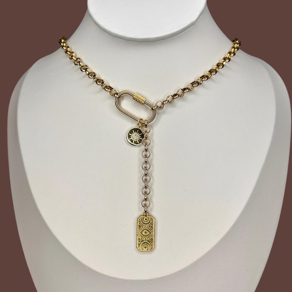 Gold Charm Necklace-Choker/Lariat with Carabiner, Evil Eye, Layering necklace, Stainless steel, Chunky, Edgy