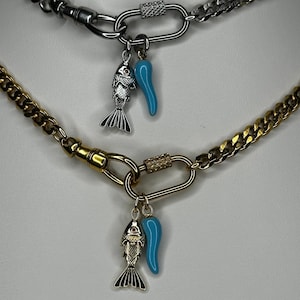Chunky Charm Necklace- Cuban chain with 3D Fish charm and Italian Horn, Gold or Silver, Stainless Steel, Carabiner Charm Holder