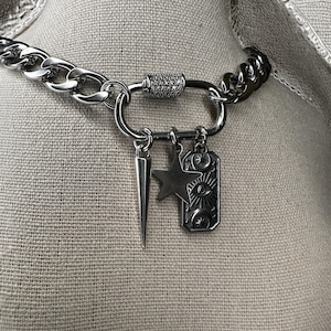 Chunky Silver Carabiner/Shackle Charm Necklace- Mixed Metal, Star and Spike, Layering, Stacking, Modern, Edgy Styles