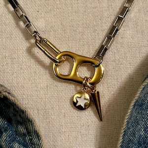 Handmade Gold and Silver Mixed Metal Chunky Soda Tab Charm Necklace- Star and Spike