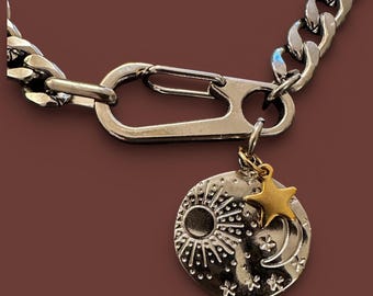 Chunky Celestial Necklace – Stainless Steel Cuban Chain, Mixed Metal Charm