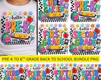 Puede incluir: Camiseta blanca con un gráfico colorido de "PRE-K". El diseño incluye un lápiz, una mochila, una manzana y un cuaderno. Gráficos adicionales muestran los grados desde Kindergarten hasta 6to grado, con el texto "PRE-K TO 6TH GRADE BACK TO SCHOOL BUNDLE PNG".