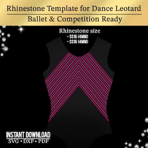Puede incluir: Plantilla de maillot negro con diseño de pedrería rosa, adecuada para ballet y competición. La imagen incluye texto que indica el tamaño de la pedrería: SS16 (4MM). Descarga instantánea en formatos SVG, DXF y PDF.