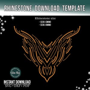 Può includere: Un modello digitale nero per disegni di strass. Il design presenta un motivo simmetrico di punti arancioni, con testo che indica le dimensioni degli strass di 3 mm e 4 mm. Sono visibili anche le parole "RHINESTONE DOWNLOAD TEMPLATE" e "INSTANT DOWNLOAD".