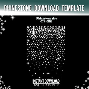 Può includere: Un modello digitale per il download di strass su sfondo nero con un motivo a gradiente di punti bianchi. Il testo recita RHINESTONE DOWNLOAD TEMPLATE, Rhinestone size -SS10 (3mm) e INSTANT DOWNLOAD SVG DXF PDF. Strass decorativi bordano gli angoli.