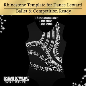 Könnte beinhalten: Schwarze Tanz-Trikot-Vorlage mit Strass-Design. Das Bild enthält den Text „Rhinestone Template for Dance Leotard Ballet & Competition Ready“. Die Strasssteingrößen sind SS16 (4 mm) und SS20 (5 mm). Das Bild enthält auch den Text „INSTANT DOWNLOAD SVG DXF PDF“.