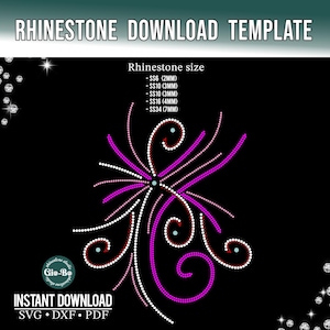 May include: A black digital design template with the text "RHINESTONE DOWNLOAD TEMPLATE." The design features a stylized floral pattern in white, pink, and purple rhinestones. Text includes rhinestone sizes in millimeters and the words "INSTANT DOWNLOAD."