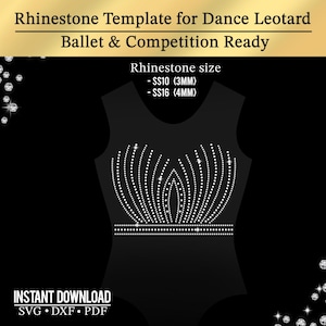 May include: A black leotard template featuring a white rhinestone pattern of curved lines and horizontal bands. Text reads: Rhinestone Template for Dance Leotard Ballet & Competition Ready, Rhinestone size - SS10 (3MM) - SS16 (4MM), INSTANT DOWNLOAD SVG DXF PDF.