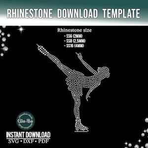 Può includere: Modello digitale nero per strass, raffigurante una pattinatrice artistica composta da piccoli strass scintillanti. Il testo "RHINESTONE DOWNLOAD TEMPLATE" è in alto, con le dimensioni degli strass elencate di seguito. Include il testo "INSTANT DOWNLOAD" e le opzioni di tipo di file.