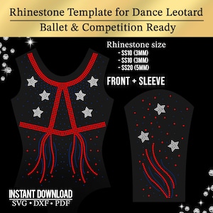 Puede incluir: Plantilla de leotardo negro con detalles de pedrería roja y azul, con un diseño de estrella. Incluye una plantilla de manga. El texto dice "Rhinestone Template for Dance Leotard Ballet & Competition Ready" y "Instant Download SVG DXF PDF".