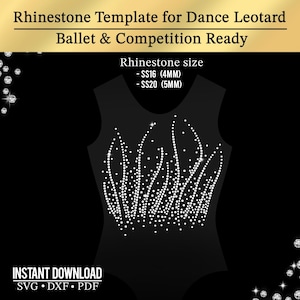 Könnte beinhalten: Schwarze Tanz-Trikot-Vorlage mit Strass-Design. Die Vorlage ist für Ballett und Wettbewerb geeignet. Die Strassgrößen sind SS16 (4 mm) und SS20 (5 mm). Der Text "INSTANT DOWNLOAD SVG • DXF • PDF" ist ebenfalls enthalten.