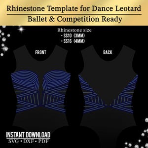 Può includere: Un modello di body nero per la danza, con un design di strass. Sono mostrate le viste anteriore e posteriore, con dimensioni degli strass SS10 (3 mm) e SS16 (4 mm) specificate. Il testo include "Ballet & Competition Ready" e "Instant Download".