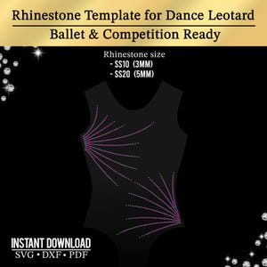 Puede incluir: Plantilla de maillot negro con diseño de pedrería, perfecta para ballet y competición. El diseño presenta pedrería rosa en forma de abanico. El texto de la imagen dice "Rhinestone Template for Dance Leotard Ballet & Competition Ready."