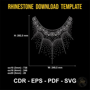 Può includere: Un modello digitale di download di strass su sfondo nero. Il design è una forma bianca, simmetrica e curva con una serie di piccoli cerchi e punti. Il testo "RHINESTONE DOWNLOAD TEMPLATE" è in alto. Dimensioni: 282,5 mm di altezza e 249,5 mm di larghezza.