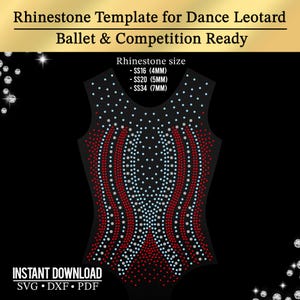 Può includere: Un modello di body nero con un design di strass per balletto e competizione. Il design include strass rossi, bianchi e neri. Il testo sull'immagine recita "Rhinestone Template for Dance Leotard Ballet & Competition Ready" e "Instant Download SVG DXF PDF". Le dimensioni degli strass sono SS16 (4 mm), SS20 (5 mm) e SS34 (7 mm).