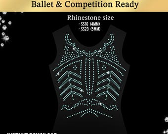 May include: A black dance leotard template with a rhinestone design. The template is for ballet and competition, with rhinestone sizes SS16 (4mm) and SS20 (5mm). The words "Rhinestone Template for Dance Leotard Ballet & Competition Ready" are at the top. The words "INSTANT DOWNLOAD SVG DXF PDF" are at the bottom.
