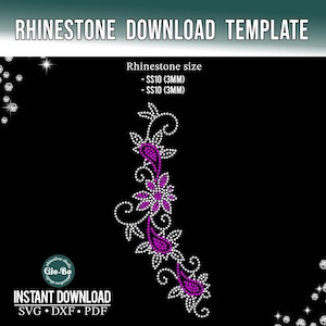 Può includere: Un modello digitale nero con il testo "RHINESTONE DOWNLOAD TEMPLATE". Presenta un design floreale in strass bianchi con accenti viola. È presente anche il testo "INSTANT DOWNLOAD".