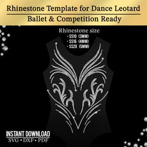May include: Black leotard template with a rhinestone design for ballet and competition. The design includes sizes SS10 (3MM), SS16 (4MM), and SS20 (5MM). The text "Rhinestone Template for Dance Leotard Ballet & Competition Ready" is at the top.
