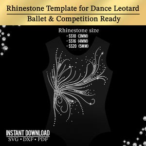 Op de afbeelding: Een zwart dans-turnpakje sjabloon met een strass ontwerp. De tekst "Rhinestone Template for Dance Leotard Ballet & Competition Ready" staat bovenaan. Strass maten worden vermeld als SS10 (3 mm), SS16 (4 mm) en SS20 (5 mm).