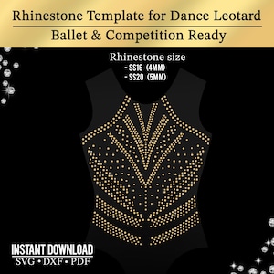 Può includere: Un modello di body nero con un design di strass, adatto per il balletto e la competizione. Il design include misure di strass SS16 (4 mm) e SS20 (5 mm). Il testo "Rhinestone Template for Dance Leotard Ballet & Competition Ready" è in alto. "Instant Download" è in basso.
