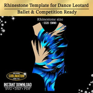 Può includere: Modello di body da ballo con un design blu e beige, adatto per balletto e competizione. Il design presenta un motivo a fiamma blu con accenti di strass bianchi. Download immediato in SVG, DXF e PDF.