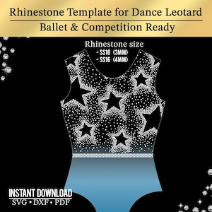Può includere: Un modello di body da danza con un motivo a stelle di strass. Il design del body è nero e blu, con il testo "Rhinestone Template for Dance Leotard Ballet & Competition Ready" in alto. Le dimensioni degli strass sono SS10 (3 mm) e SS16 (4 mm).