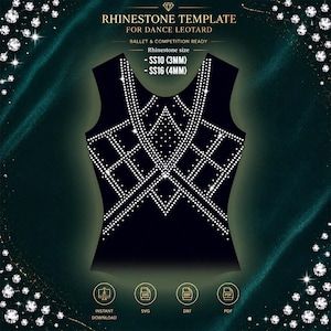 May include: A black dance leotard rhinestone template featuring a geometric pattern of white dots. Text includes RHINESTONE TEMPLATE FOR DANCE LEOTARD, BALLET & COMPETITION READY, Rhinestone size SS10 (3MM) - SS16 (4MM), INSTANT DOWNLOAD, SVG, DXF, and PDF.
