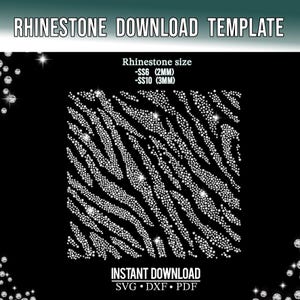Può includere: Un modello digitale nero con un motivo a strisce zebrate realizzato con strass bianchi. Il testo "RHINESTONE DOWNLOAD TEMPLATE" è in alto e "INSTANT DOWNLOAD" in basso. Le dimensioni degli strass sono SS6 (2 mm) e SS10 (3 mm).