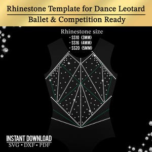 Könnte beinhalten: Schwarze Tanz-Trikot-Vorlage mit einem geometrischen Strass-Design. Das Bild enthält den Text „Rhinestone Template for Dance Leotard Ballet & Competition Ready“ und „Rhinestone size - SS10 (3MM) - SS16 (4MM) - SS20 (5MM)“.