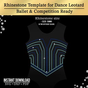 May include: A black leotard template with a rhinestone design in blue and white. The text at the top reads "Rhinestone Template for Dance Leotard Ballet & Competition Ready." The rhinestone size is SS20 (5MM). The bottom text says "INSTANT DOWNLOAD SVG DXF PDF."