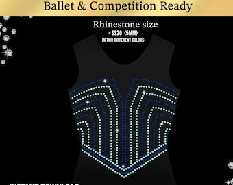 May include: A black leotard template with a rhinestone design in blue and white. The text at the top reads "Rhinestone Template for Dance Leotard Ballet & Competition Ready." The rhinestone size is SS20 (5mm). The bottom text says "INSTANT DOWNLOAD SVG DXF PDF."
