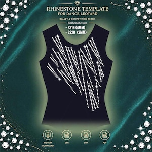 Può includere: Una sagoma di body nero con un motivo diagonale di strass bianchi. Il testo recita: RHINESTONE TEMPLATE FOR DANCE LEOTARD, BALLET & COMPETITION READY, Rhinestone size - SS16 (4mm) - SS20 (3mm). Include icone per file SVG, DXF e PDF.