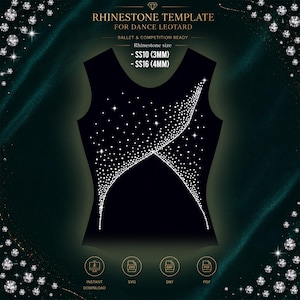 May include: A black leotard template featuring a white rhinestone pattern design. The text reads: RHINESTONE TEMPLATE FOR DANCE LEOTARD, BALLET & COMPETITION READY, Rhinestone size - SS10 (3mm) - SS16 (4mm), INSTANT DOWNLOAD, SVG, DXF, PDF.