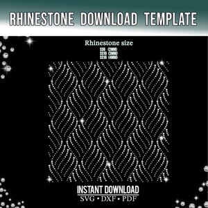 Può includere: Un modello digitale di strass da scaricare con un motivo a onde ripetuto composto da punti bianchi su sfondo nero. Il testo include RHINESTONE DOWNLOAD TEMPLATE, INSTANT DOWNLOAD, SVG, DXF, PDF e le dimensioni SS6 2mm, SS10 3mm, SS16 4mm.
