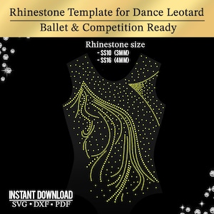 May include: A black dance leotard template with a yellow rhinestone design. The text "Rhinestone Template for Dance Leotard Ballet & Competition Ready" is at the top. The rhinestone sizes are SS10 (3MM) and SS16 (4MM).