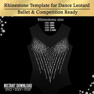 Puede incluir: Plantilla de leotardo negro para danza, ballet y competición. El diseño presenta un patrón de pedrería con tamaños SS10 (3 mm), SS16 (4 mm), SS20 (5 mm) y SS30 (6,5 mm). Incluye descarga instantánea en formatos SVG, DXF y PDF.