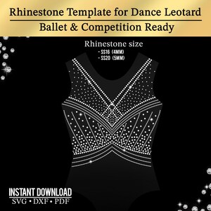 May include: Black dance leotard template with a rhinestone design. The template is for ballet and competition use. The rhinestone sizes are SS16 (4MM) and SS20 (5MM). The image includes the text "Rhinestone Template for Dance Leotard Ballet & Competition Ready."