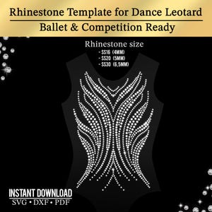 Könnte beinhalten: Schwarze Trikotvorlage mit Strass-Design, ideal für Tanz. Das Design zeigt ein symmetrisches Muster aus weißen Strasssteinen. Der Text oben lautet "Rhinestone Template for Dance Leotard Ballet & Competition Ready". Enthält Strassgrößen.