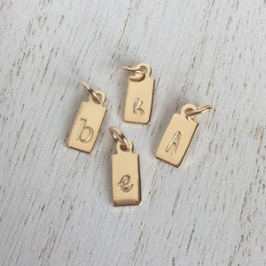Personalized gold initial charm, custom hand stamped rectangle charm, thick 20 gauge gold tab charm, mini dog tag charm, miniature dog tag