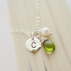 August birthstone necklace Personalized green peridot necklace Custom initial Sterling silver monogram Silver necklace Freshwater pearl