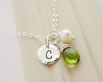 August birthstone necklace Personalized green peridot necklace Custom initial Sterling silver monogram Silver necklace Freshwater pearl