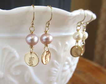 Gold and pearl drop earrings with dainty handstamped leaves, pearl earrings, leaf earrings, white, mauve freshwater pearls, bridesmaid gift