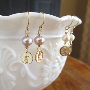 Gold Pearl Drop Earrings: Hand Stamped Leaf Design, Freshwater Pearls